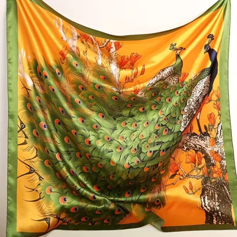 Elegant Green and Orange Peacock Scarf